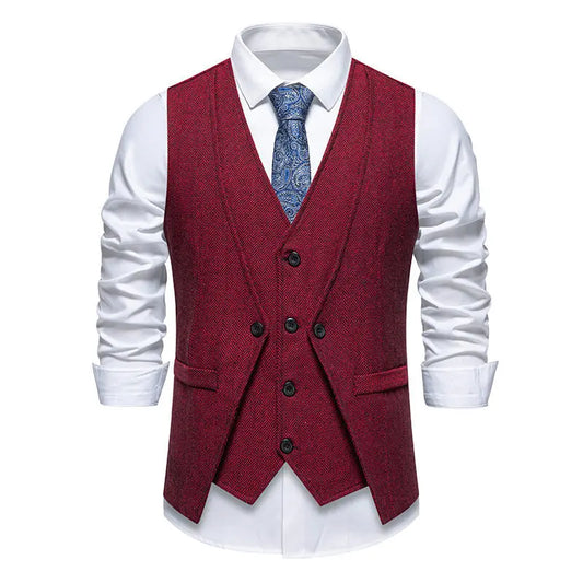 Men's Triple-Breasted Herringbone Tweed Vest – Retro Fake Two-Piece Waistcoat for Weddings & Smart-Casual Occasions
