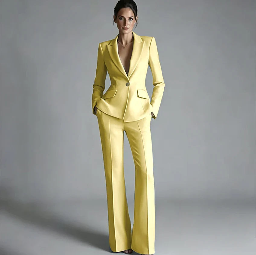 Elegant Women's One-Button Jacket+Pants Suit Set Classic Pink Peaked Lapel 2 Piece Formal Business Wedding Guest Outfit