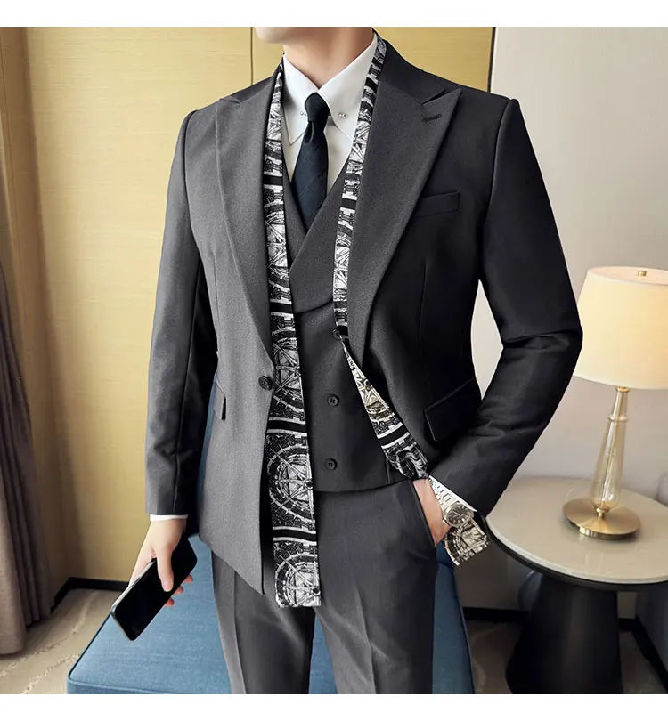 Double Collar Suit Set 3 Pieces Business Formal Casual Suits Vest Trousers Office Work Party Prom Wedding Groomsmen Clothing