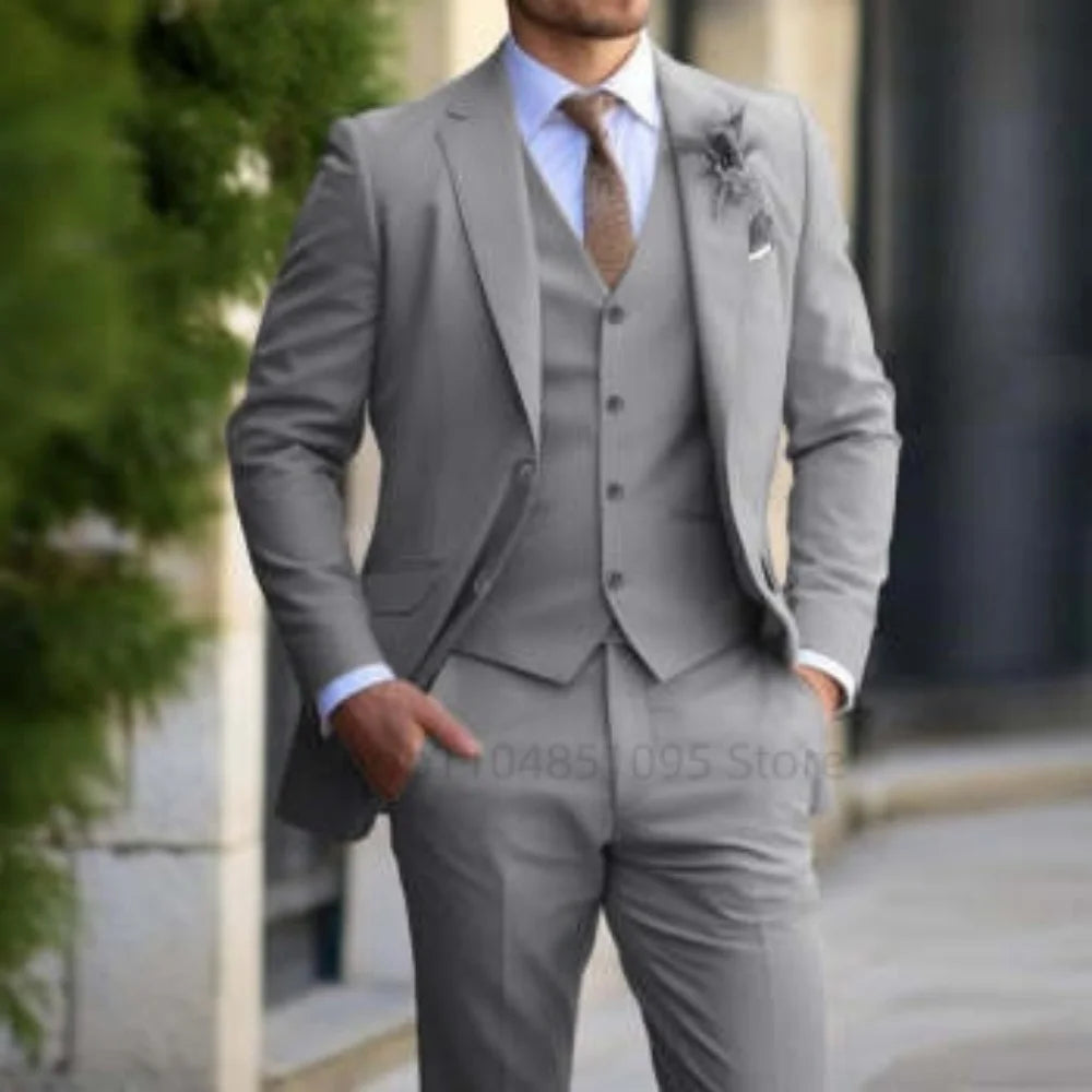 3PCS Formal Solid Men's Suit Set - Wedding Business Party Prom Classic Occasion Jacket Vest Pants Ensemble