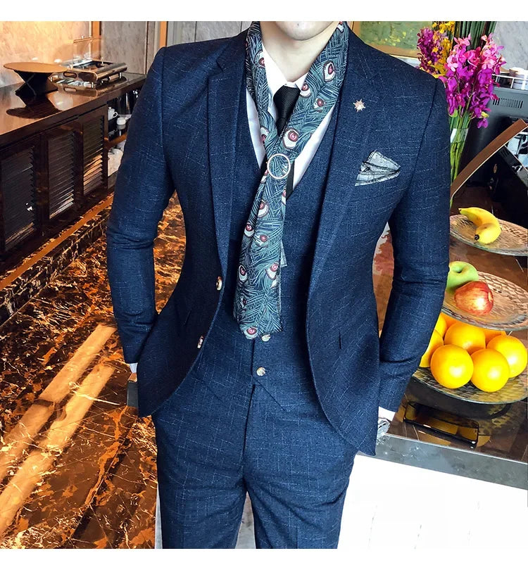 Men's 3-Piece Striped Formal Suit – Blazer, Vest & Trousers | Italian Style Business Gentleman