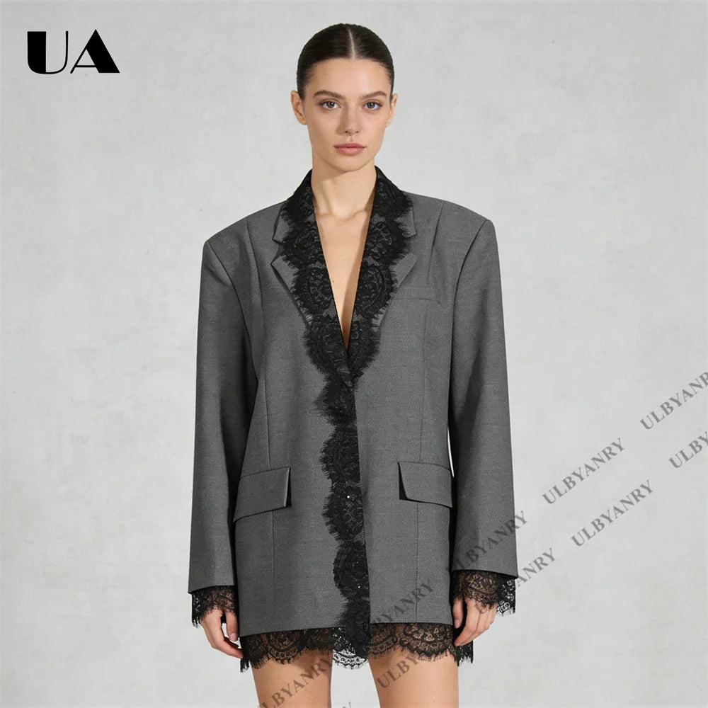 Women’s Grey Blazer with Black Lace Trim Elegant Notched Lapel Cuffs & Hem Jacket Single-Breasted Office Wear
