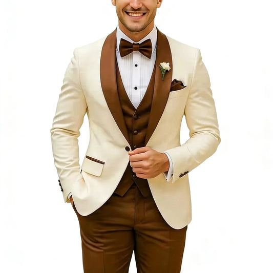 White And Brown Formal Men wedding Suit Groom Groomsman Wedding Party Prom Business Male Tuxedos 3 Piece Set Blazer+Vest+ Pants