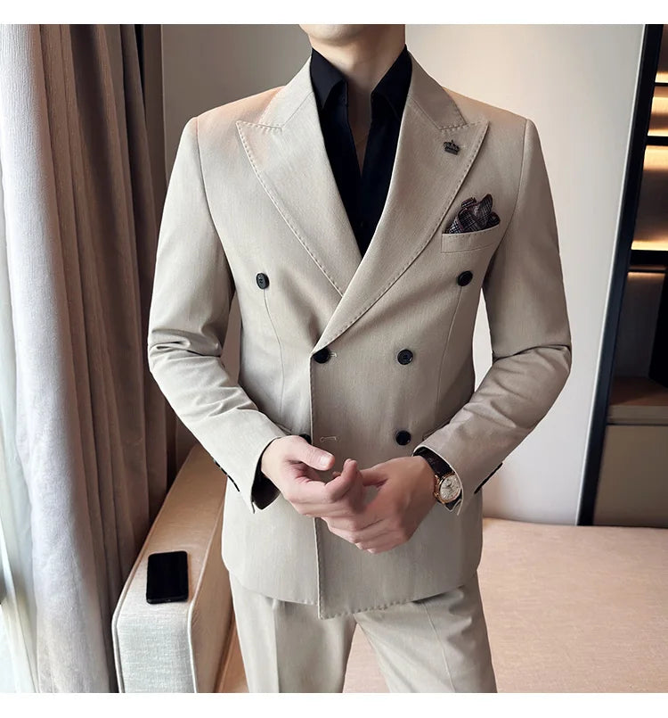 (Blazer + Trousers) Fashion Double Breasted Design Slim Men's Suit Italian Style Luxury Wedding Social Party Tuxedo 2 Piece Set