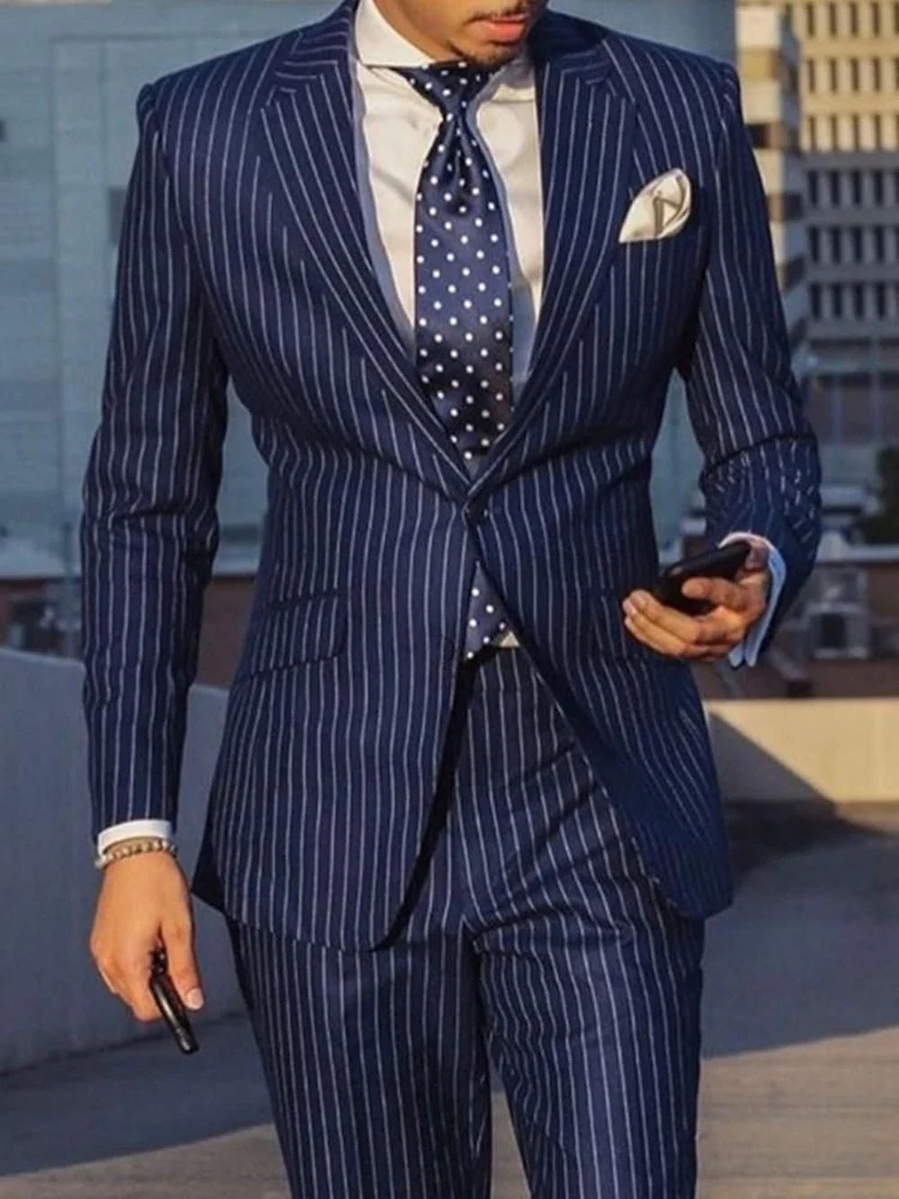Navy Blue Striped Men Suits Slim Fit Notch Lapel Single Breasted Blazer Pants Set Wedding Groom Tuxedos 2 Piece Business Suits