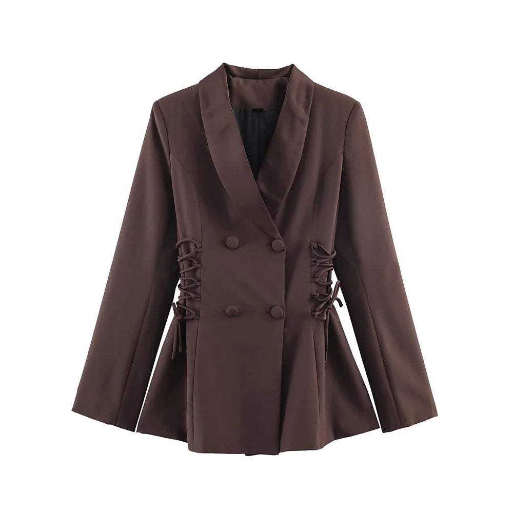 Women Brown Blazer Jacket Y2k 2000s Vintage Bandage Suit Coat Long Sleeve Double Breasted Oversize Outerwear Spring Autumn 2026