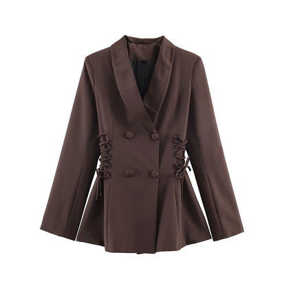 Women Brown Blazer Jacket Y2k 2000s Vintage Bandage Suit Coat Long Sleeve Double Breasted Oversize Outerwear Spring Autumn 2026