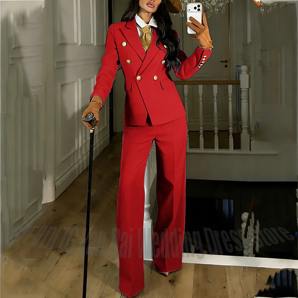 Navy Blue Women's Suit Regular Fitted Customized Peaked Lapel Blazer Professional Outfit(Jacket+Pants) Office Lady Daily Set