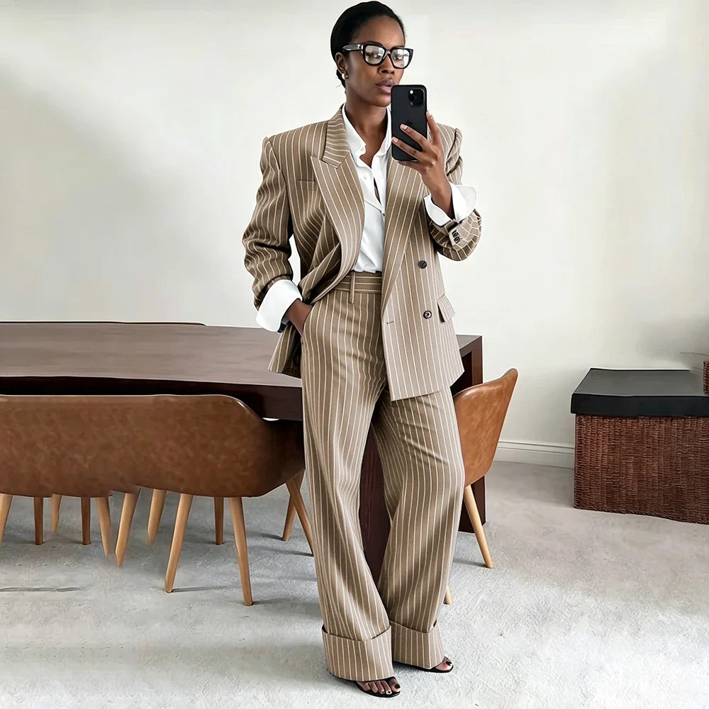 Neutral Gray Pinstripe Oversized Matching Sets Double Breasted Women's Suit Casual Formal 2-Piece(Jacket+Pants) Office Set