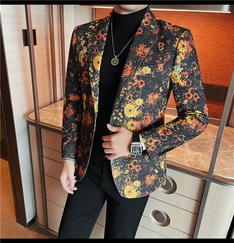Luxury Art Jacquard Suit Jacket for Men Korean Version Business Casual Blazers Slim Fit Wedding Groom Social Dress Coats M-4XL