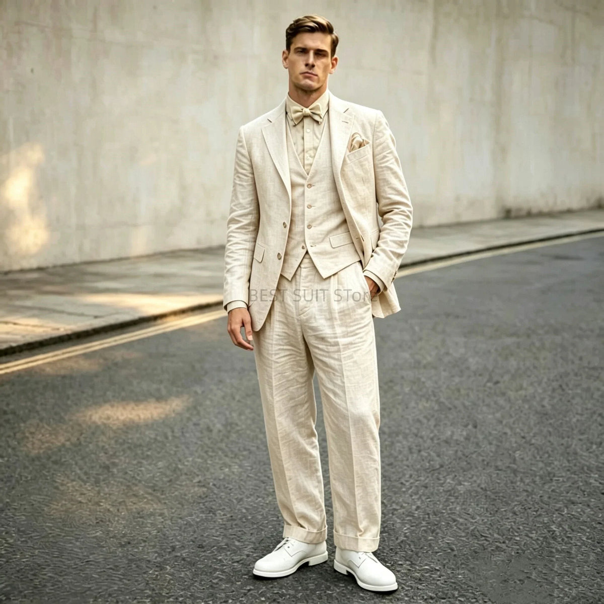 Costume 3 pièces en lin bleu pour homme, coupe ajustée, revers cranté, blazer deux boutons, gilet et pantalon, ensemble d'été décontracté pour le travail ou un mariage