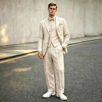 Costume 3 pièces en lin bleu pour homme, coupe ajustée, revers cranté, blazer deux boutons, gilet et pantalon, ensemble d'été décontracté pour le travail ou un mariage