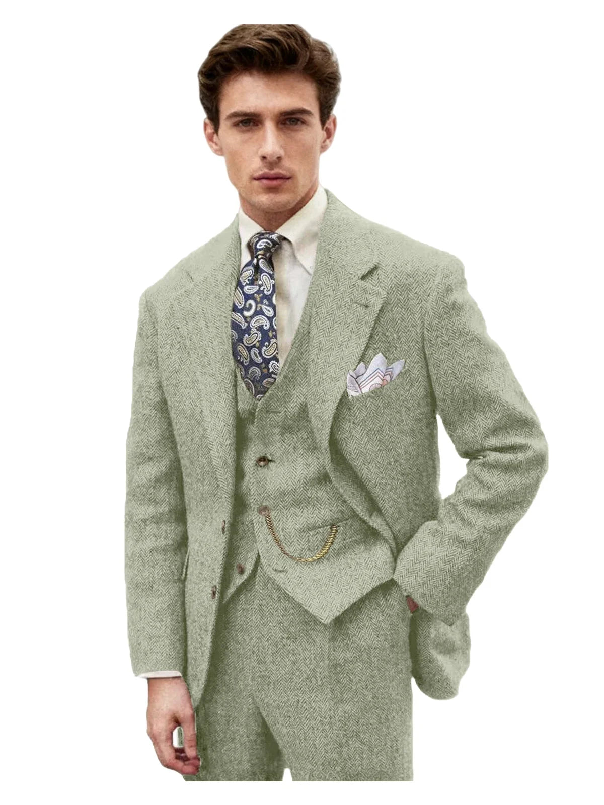 3 Piece Grey/Brown Mens Tweed Herringbone Wedding Suit Prom Tuxedos Peak Lapel Tweed for Business Slim Fit (Blazer+Vest+Pants)
