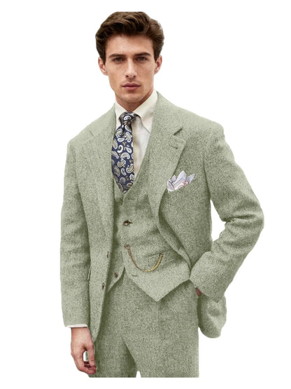 3 Piece Grey/Brown Mens Tweed Herringbone Wedding Suit Prom Tuxedos Peak Lapel Tweed for Business Slim Fit (Blazer+Vest+Pants)