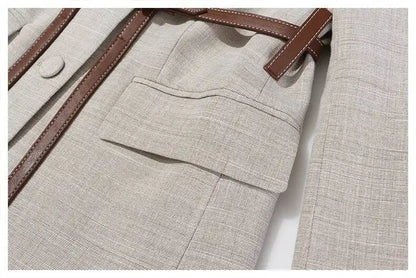 Women Blazer Contrast Color Spliced PU Leather Belted Slim Fit Single Breasted Elegant Urban High-end Jacket Spring HK10667