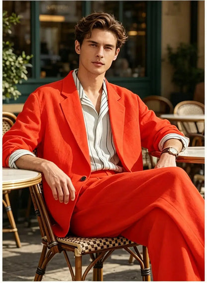 Men's Linen Blazer Suit Set Lightweight Breathable Casual Jacket Business Vacation Party Wedding Spring Summer Autumn Daily Wear
