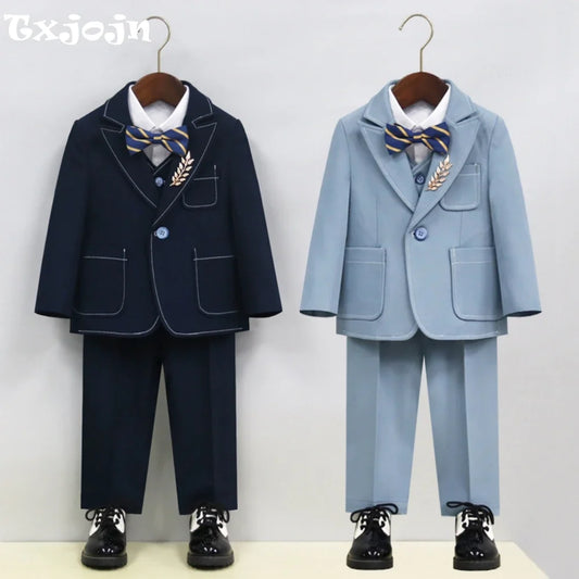 Notched Lapel Children's Formal Suit Set 5 Pieces Piano Contest Performance Boys Regular Fit Suits Wedding Ring Bearer Outfit