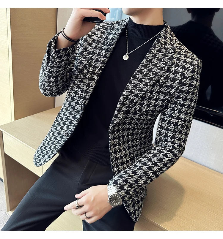 2023 Autumn Winter Plaid Men Blazers Thickened Casual Business Suits Jackets Single Buckle Wedding Groom Streetwear Social Coat