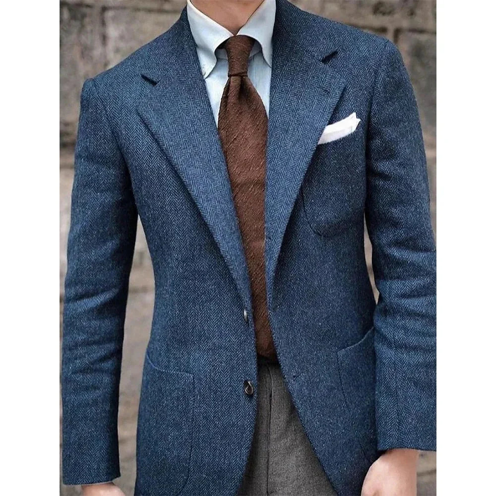 Men's Herringbone Suit Jacket Single-Breasted Slim Fit Casual Fashion Comfortable Elegant Blazer for Party Business Formal Wear