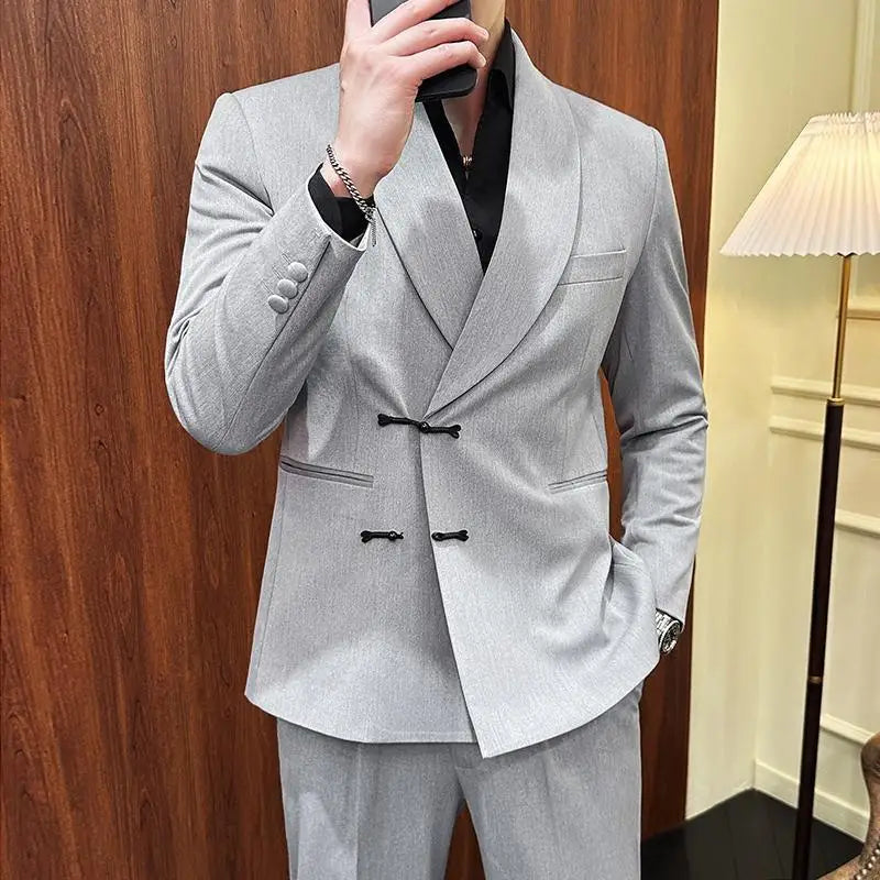 (Jacket+Pants) Vintage Luxury Chinese Style Suit Fashion Men High-end Elegant Business Social Wedding Dress Suit Tuxedo 2Pcs Set