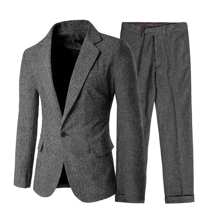 Men’s 2 pieces Silm Fit Bussines Men Suit Herringbone Woolen Cloth For Wedding Groomsmen Notch Lapel One Button Blazer Pants