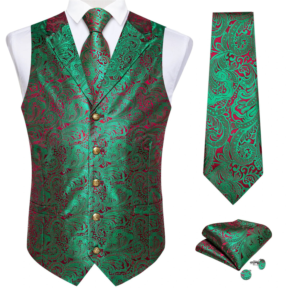 Men's Paisley Suit Vest – Single-Breasted Waistcoat with Tie, Handkerchief & Cufflinks for Weddings & Banquets