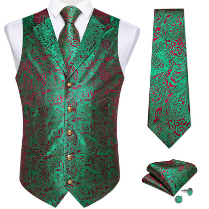Men's Paisley Suit Vest – Single-Breasted Waistcoat with Tie, Handkerchief & Cufflinks for Weddings & Banquets