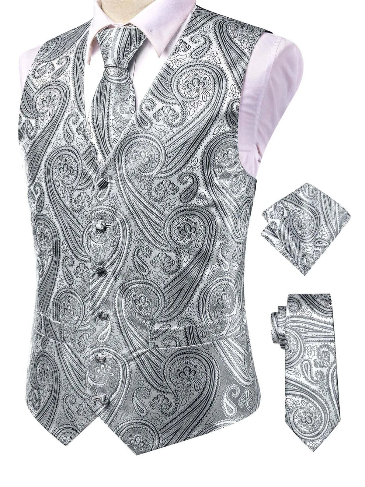Men's Jacquard Vest 3-Piece Set – Satin Formal Waistcoat with Tie & Pocket Square for Weddings