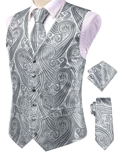 Men's Jacquard Vest 3-Piece Set – Satin Formal Waistcoat with Tie & Pocket Square for Weddings