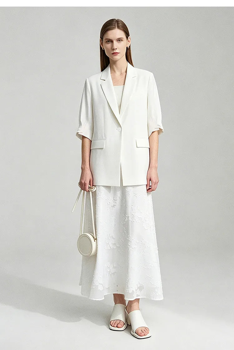Women's Blazer 2026 Summer New Notch Lapel Linen Blend Pleated Half Sleeve Jacket Casual Office Midi Length Coat 12642184