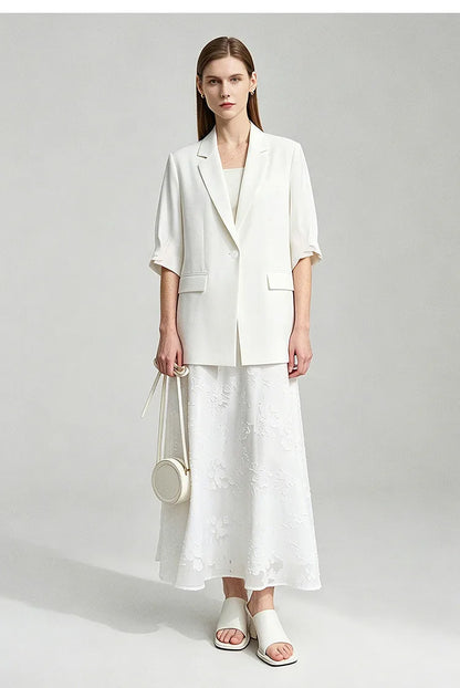 Women's Blazer 2026 Summer New Notch Lapel Linen Blend Pleated Half Sleeve Jacket Casual Office Midi Length Coat 12642184