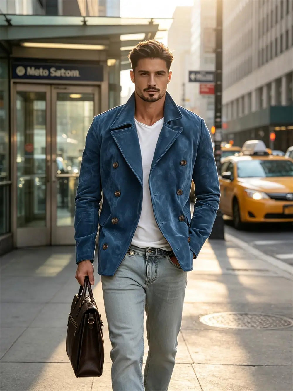 Men Faux Suede Jacket Double Breasted Lapel Collar Casual Blazer Vintage Comfort Business Office Autumn Winter Fashion Male Coat