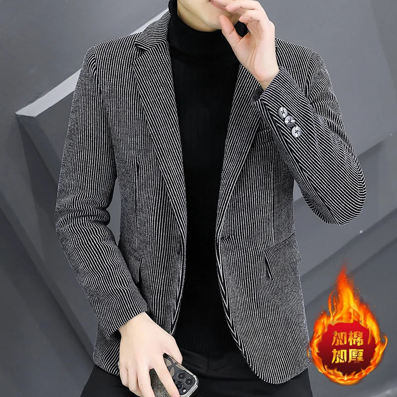 Blazer Autumn/Winter Golden Sable Velvet and Cotton Thickened Thermal Small Suit Fashion Business Men's Slim Blazer