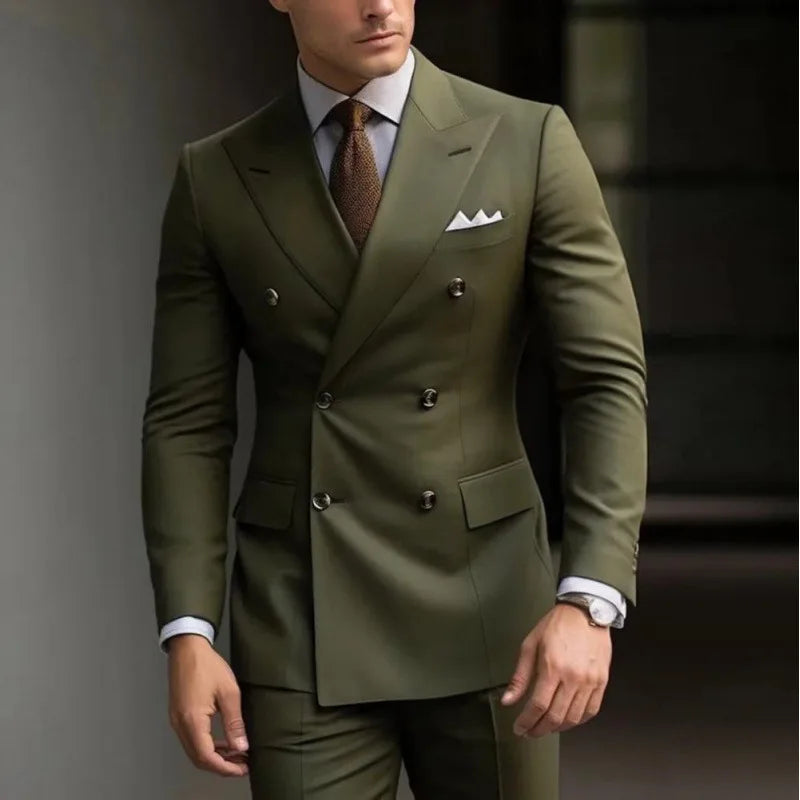 Olive Green Men's 2 Piece Blazer+Pant Wedding Dress Suits Slim Fit Lapel Party Leisure Formal Male Suit For Groomsman Suits
