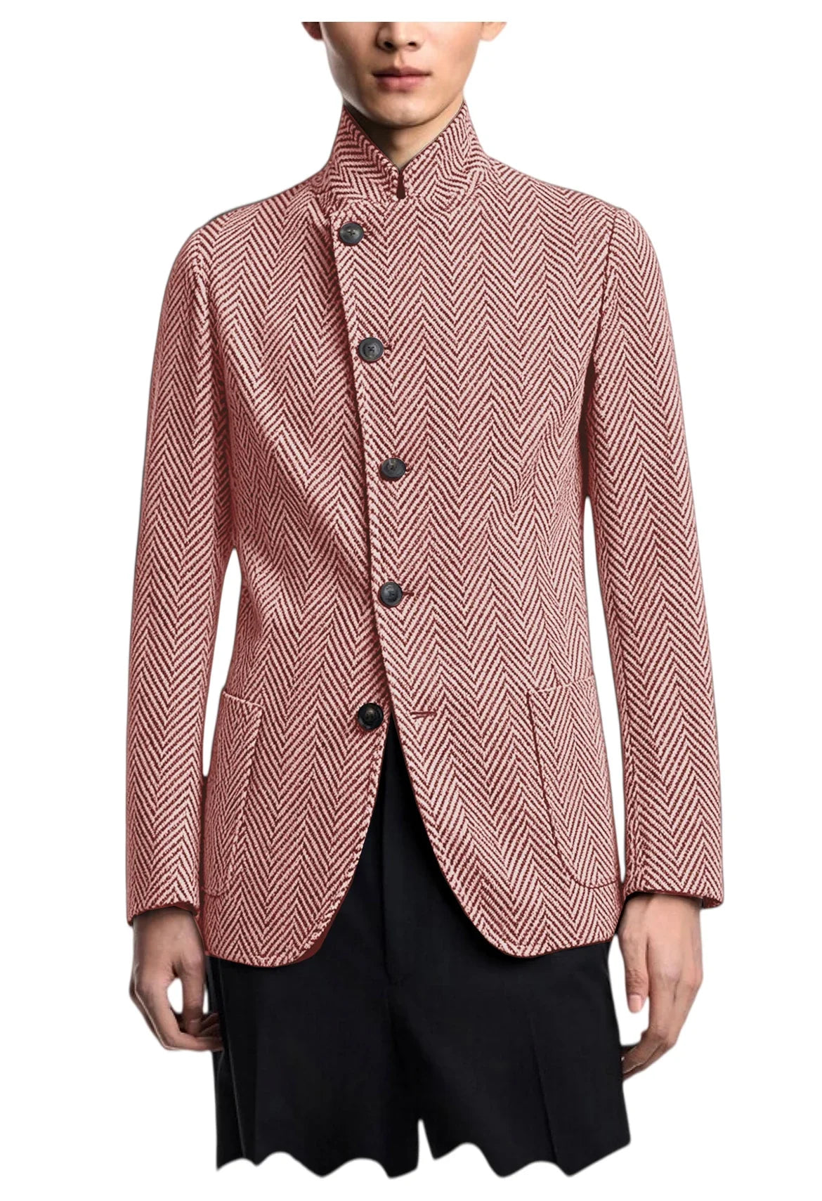 Men's Herringbone Tweed Blazer Stand Collar Slim Fit Business Casual Suit Jacket Spring Daily Commute Lightweight Sport Coat