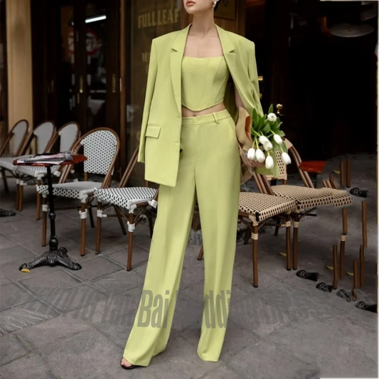 Women 3 Piece Blazer Suit Stylish Notch Single Breasted Straight Elegant Office Business Commute Streetwear Female Formal Outfit