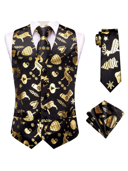 Men's Christmas Print Vest 3-Piece Set with Tie and Pocket Square for Holiday Parties