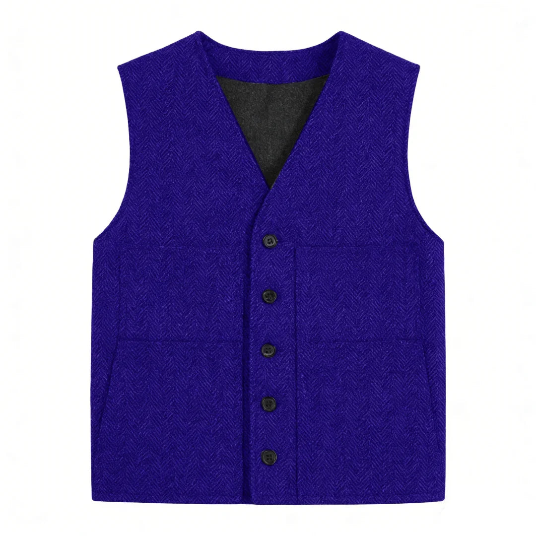 Men's Vest Gray Herringbone Single Button V-Neck Waistcoat for Wedding & Business