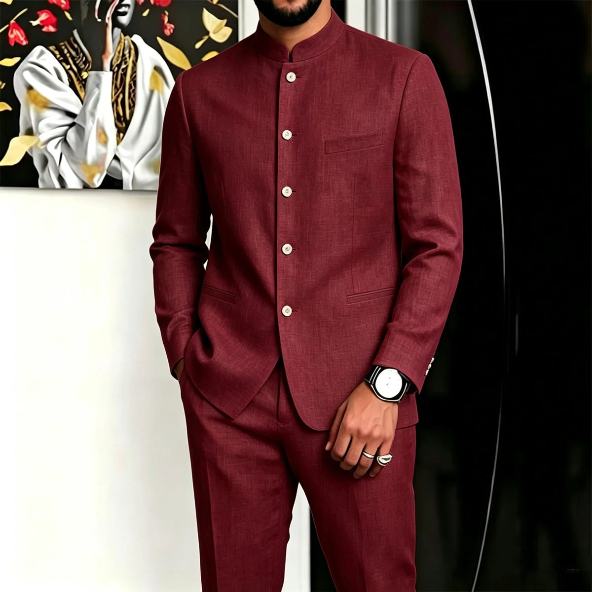 Chinese Suit for Men 2 Piece Suits Slim Fit Chinese Tunic Suits Stand Collar Weddig Prom Suit Blazer Pants Set Outfit