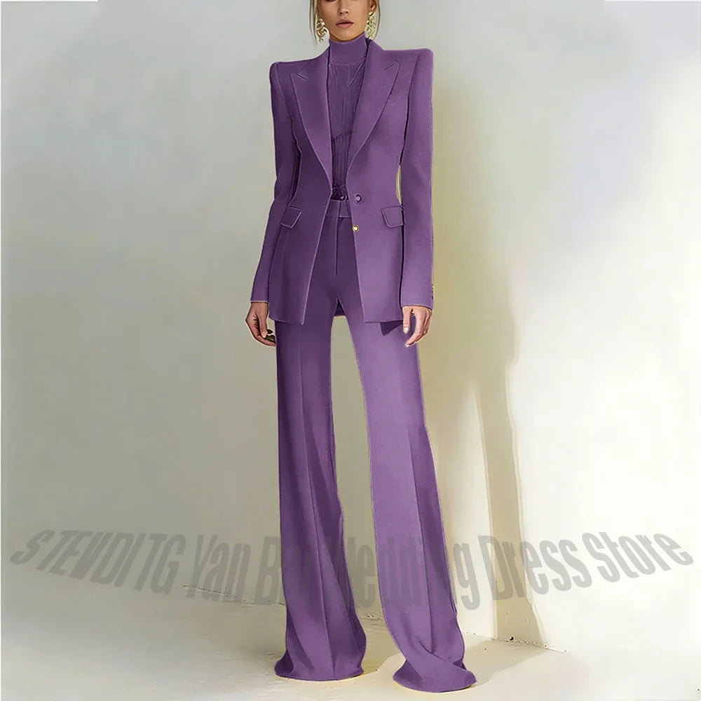 Women Pant Suit 2 Piece Set Office Female Business Work Formal Jacket Trouser One Button Chic Yellow Peaked Lapel Elegant Suit