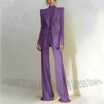 Women Pant Suit 2 Piece Set Office Female Business Work Formal Jacket Trouser One Button Chic Yellow Peaked Lapel Elegant Suit