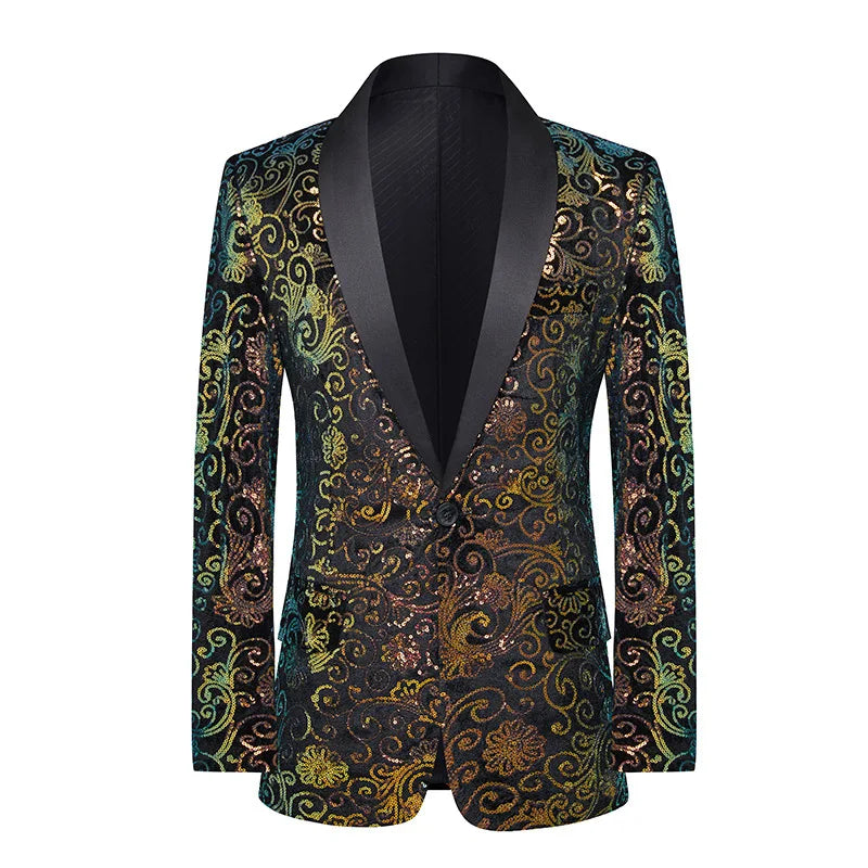 High Quality Men's Velvet Sequins Blazers Shawl Collar Slim Fit Male Singer Host Evening Party Stage Blue Floral Suit Jacket