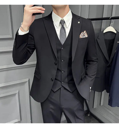 Men's 3 Piece Suit Set Double‑Button Slim Fit Solid Color Business Casual Wedding Party Jacket Vest Pants Formal Outfit for Men