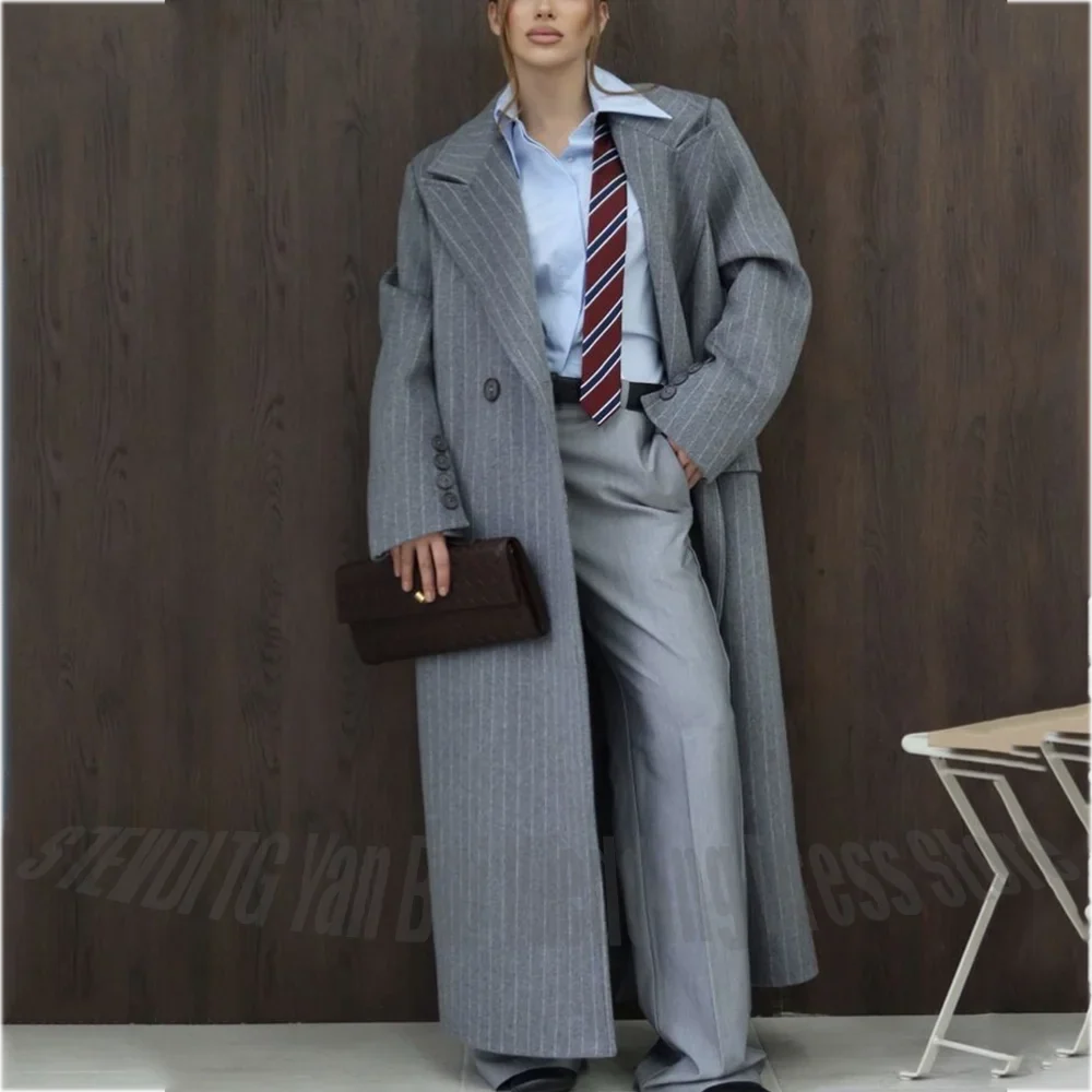 Chic Grey Stripe Women's Peak Lapel Long Blazer Pants Oversized Straight Fitted Autumn Winter Casual Elegant Outerwear