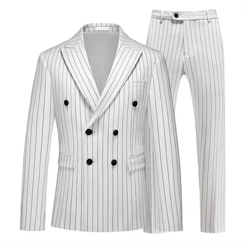 Fashion Men Double Breasted Striped Suit 2 Piece Black / Wine Red Homme Business Social Wedding Party Blazers and Trousers