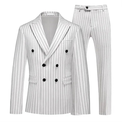 Fashion Men Double Breasted Striped Suit 2 Piece Black / Wine Red Homme Business Social Wedding Party Blazers and Trousers