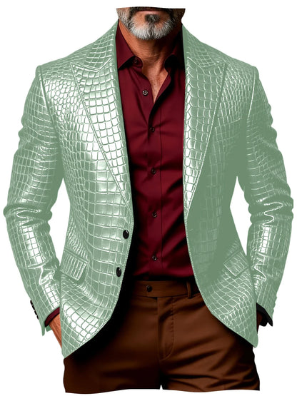 Luxury Men's Crocodile Pattern PU Leather Blazer Notch Lapel Single-Breasted 2 Button Slim Fit Jacket Business Casual for Man