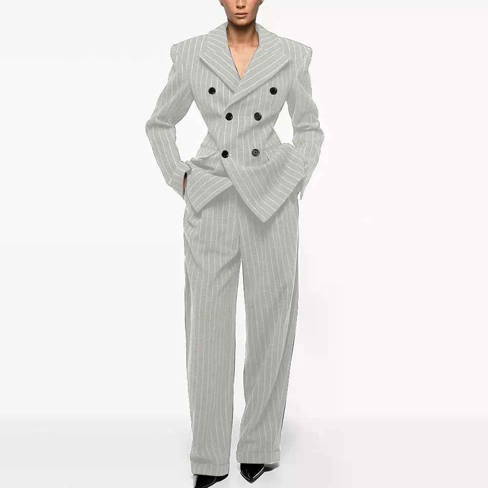 Luxury Women's Dark Gray Woolen Pinstripe Clothes Double-Breasted 2 Piece(Jacket+Pants) Suit Set Formal Evening Party Outerwears