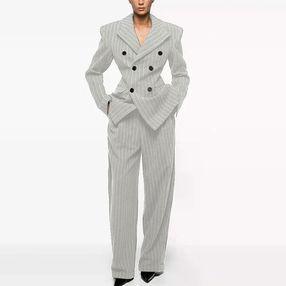 Luxury Women's Dark Gray Woolen Pinstripe Clothes Double-Breasted 2 Piece(Jacket+Pants) Suit Set Formal Evening Party Outerwears