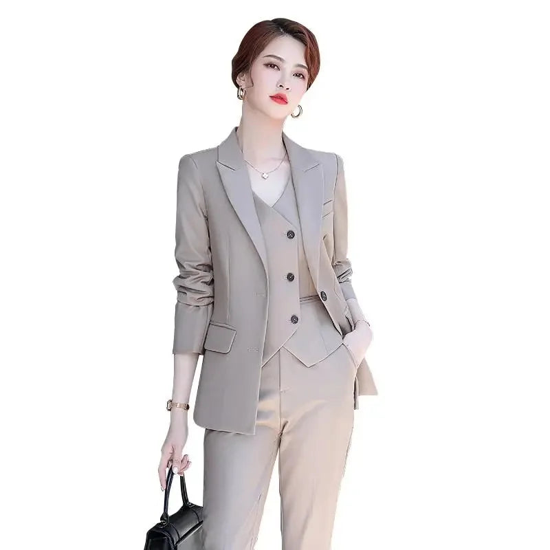 Lady Solid Lapel Blazer Suit Full Sleeve V-neck Single Breasted Straight Leg Pants Suits 2026 Fashion New Office Commute Outfit